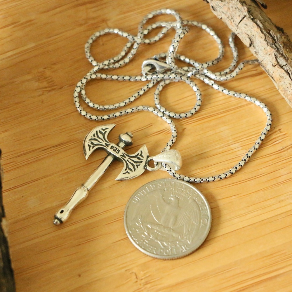 Sterling Silver Decorated Axe Necklace - Picture 5 of 7
